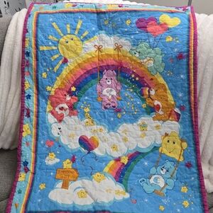 Vintage Care Bears Handmade Crib Quilt Blanket Stars and Rainbow Trail